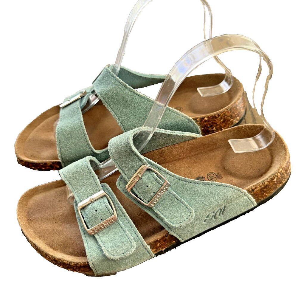 Soft Moc Double Silver Buckle Sandals Womens Size 10 Washed Matcha Slides Casual